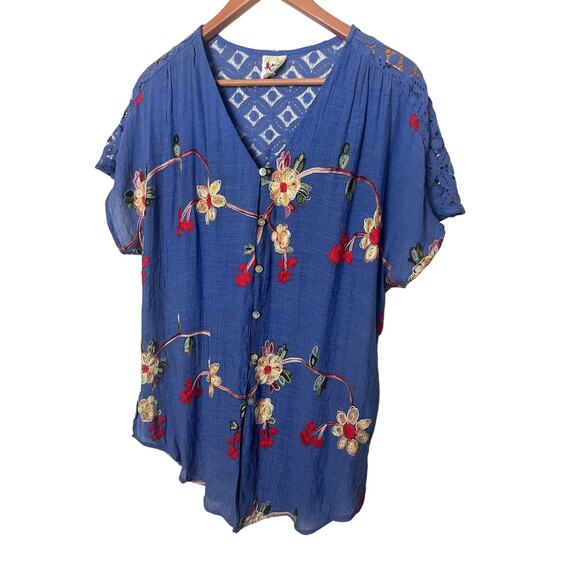 Fig and Flower Blue Embroidered Floral Lace Front Tie Tunic Top Women’s Sz Large - Picture 1 of 10